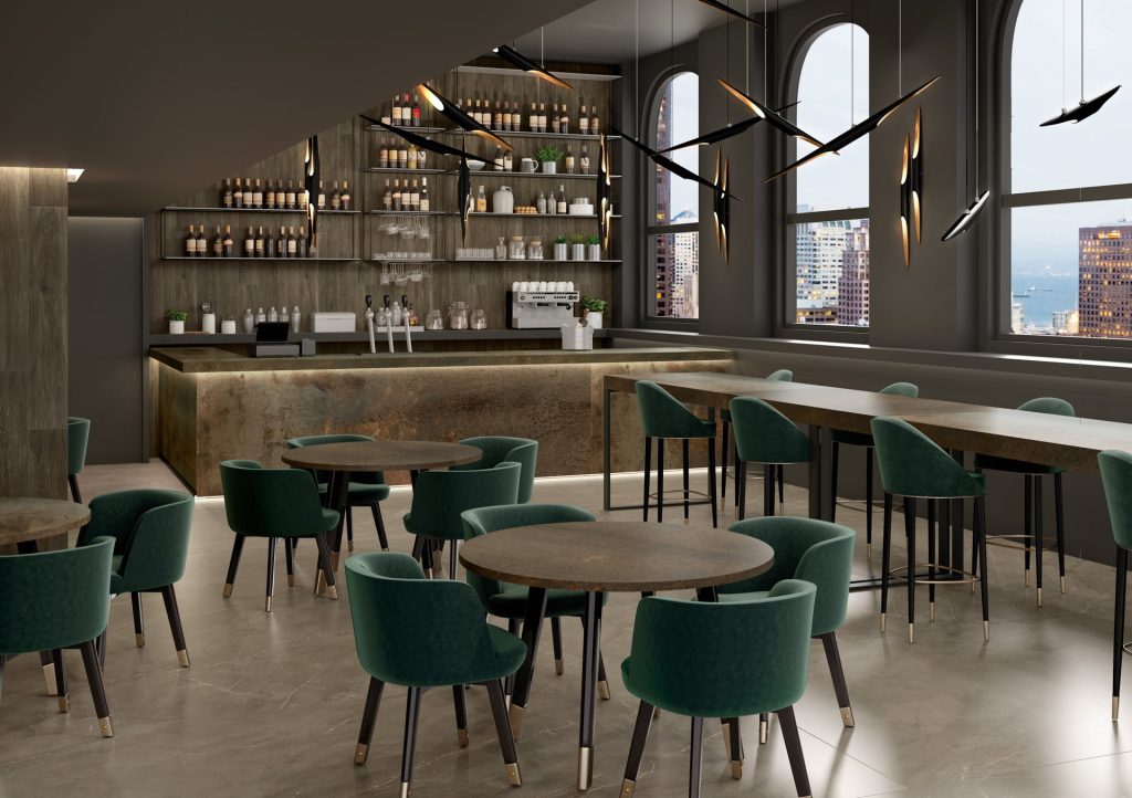 Paslanmış metal görünümlü Ascale Moma Rusteel porselen bar tezgahı ve masalarla dekore edilmiş modern restoran.
