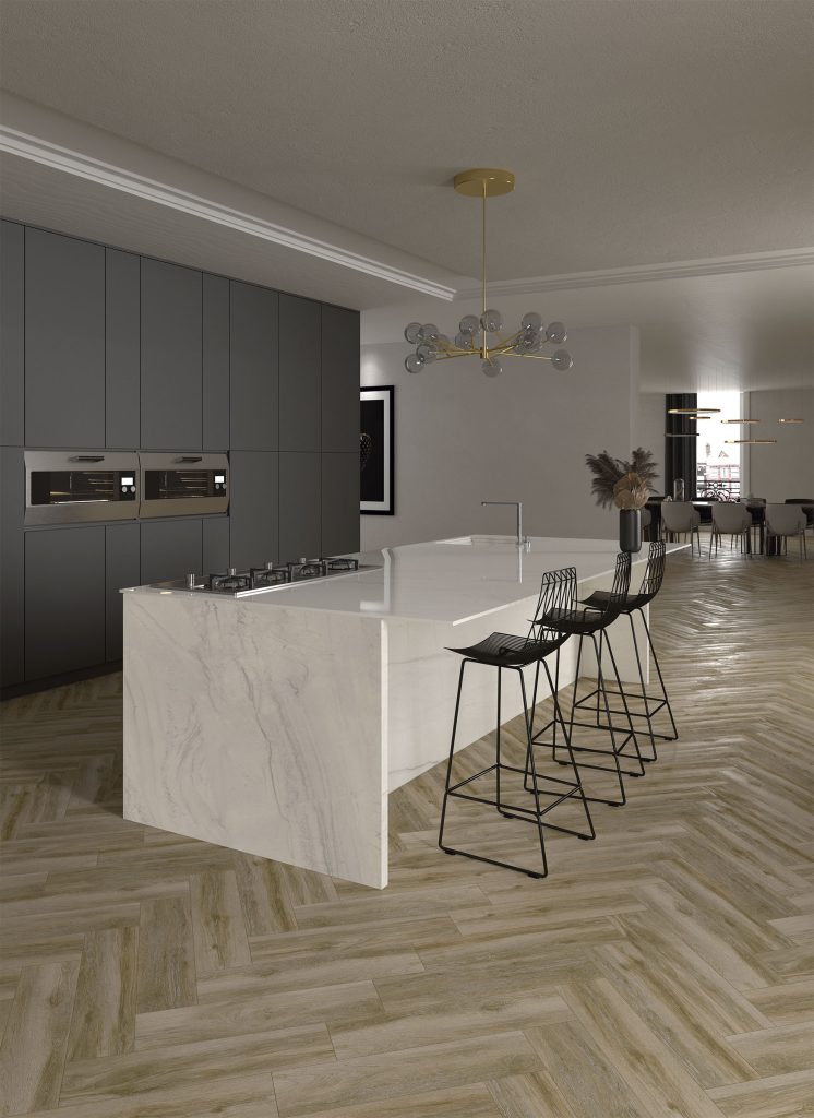 Gri dolaplı modern mutfakta kullanılan, açık gri damarlı Ascale Montblanc White porselen şelale ada tezgah.