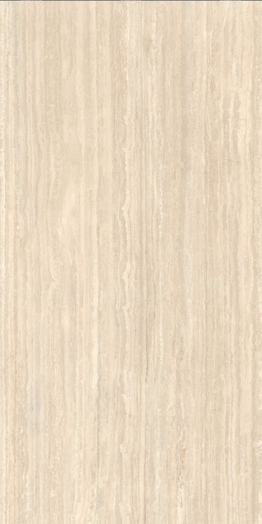 Bej ve krem tonlarında, dikey damarlı Marazzi Travertino Classico porselen tezgah plakası. Doğal traverten dokulu yüzey.