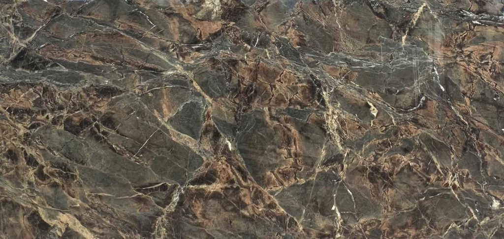 Koyu yeşil ve kahverengi tonlarda, beyaz damarlı Marazzi Verde Borgogna porselen tezgah yüzeyi.