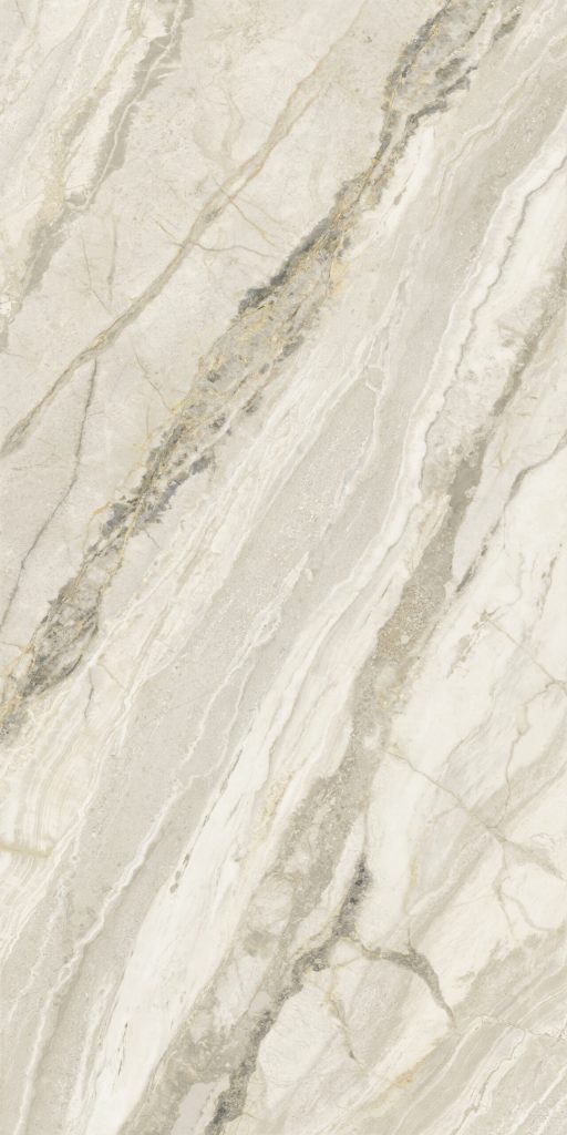 Bej zemin üzerine gri ve altın rengi damarlı, mermer görünümlü Lapidura Breccia Stone Beige porselen tezgah dokusu.