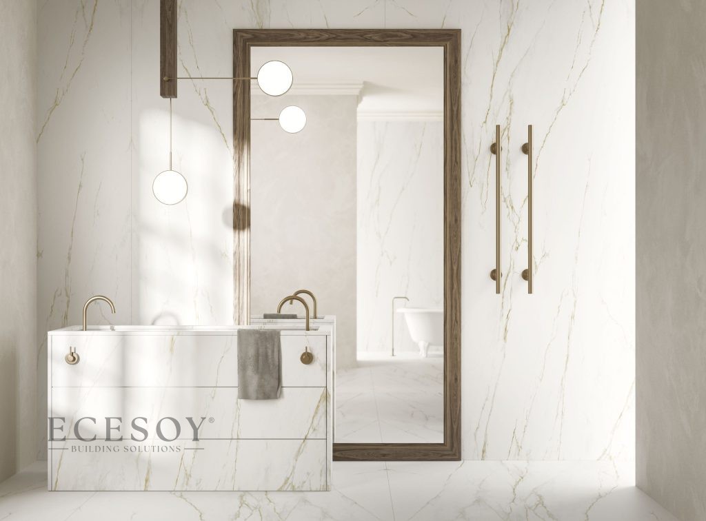 Altın damarlı beyaz Lapidura Lincoln Dorato porselen ile kaplanmış lüks banyo duvarı, zemini ve lavabo dolabı.