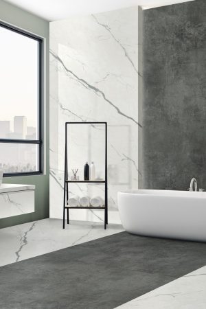 Gri damarlı beyaz Lapidura Meraki porselen ile tasarlanmış modern banyo zemin, duvar ve tezgah uygulaması.