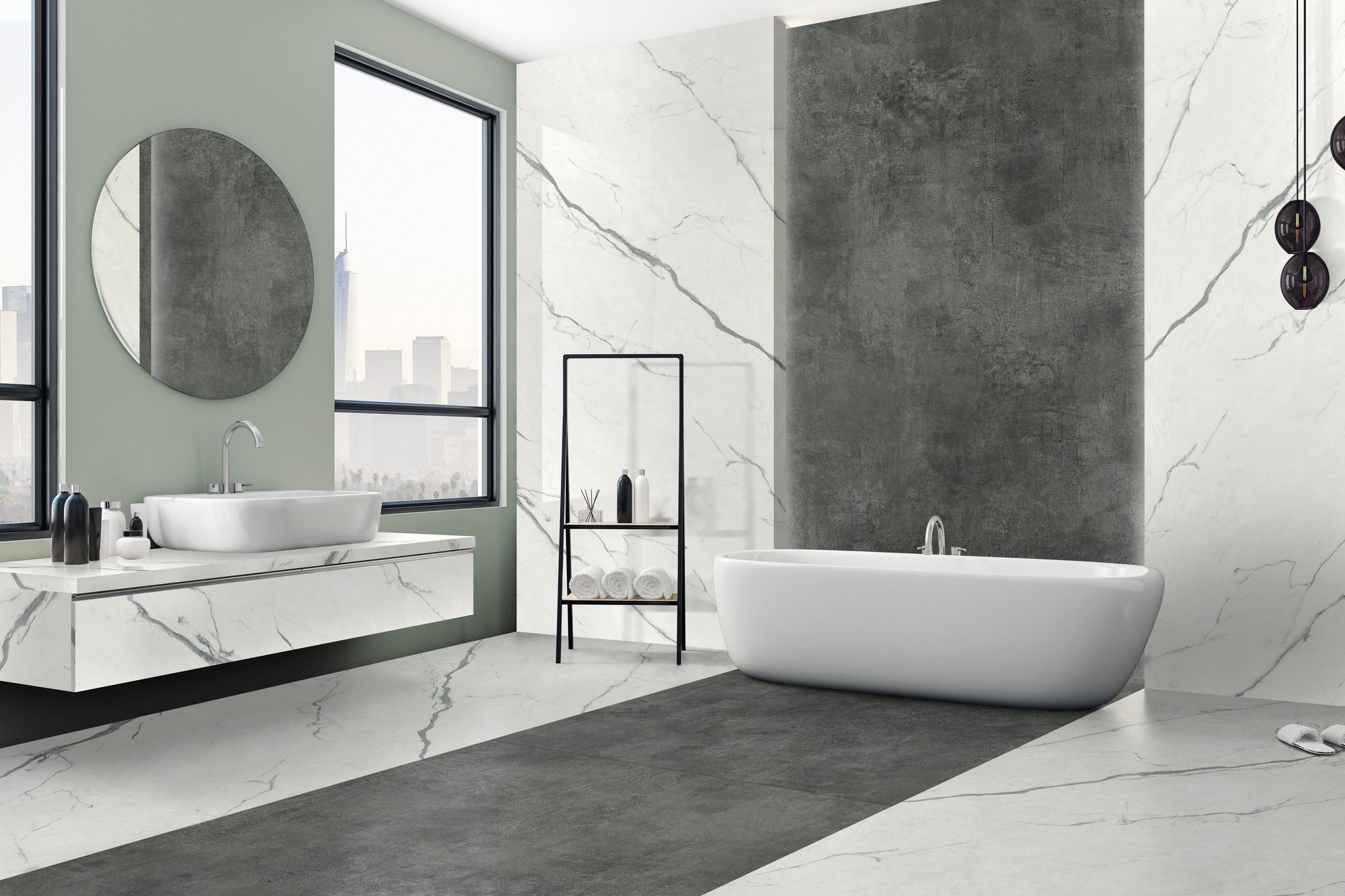 Gri damarlı beyaz Lapidura Meraki porselen ile tasarlanmış modern banyo zemin, duvar ve tezgah uygulaması.