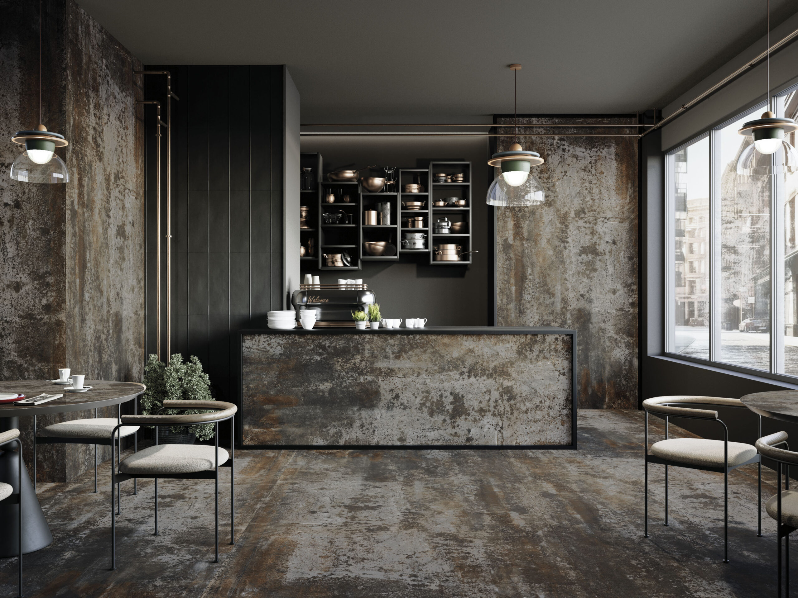 Endüstriyel kafe tasarımında kullanılan paslanmış metal görünümlü Lapidura Midnight Corten porselen duvar, zemin ve tezgah.