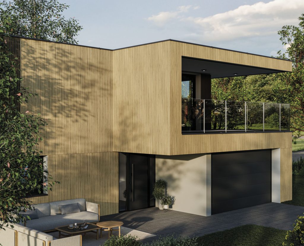 Ahşap görünümlü, dikey yivli Lapidura Nordika porselen levha ile kaplanmış modern villa dış cephesi ve veranda alanı.