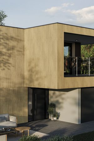 Ahşap görünümlü, dikey yivli Lapidura Nordika porselen levha ile kaplanmış modern villa dış cephesi ve veranda alanı.