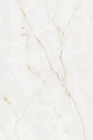 Krem-beyaz zemin üzerinde altın ve bej tonlarında doğal damarlara sahip Lapidura Onyx White porselen plaka.
