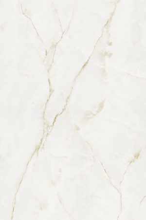 Sıcak beyaz zemin üzerine altın ve bej tonlarda oniks damarlarına sahip Lapidura Onyx White porselen tezgah plakası.
