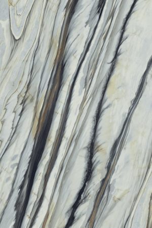 Gri, siyah ve bronz tonlarda akışkan damarlara sahip Lapidura Oyster Wild Forest porselen tezgah yüzeyi.