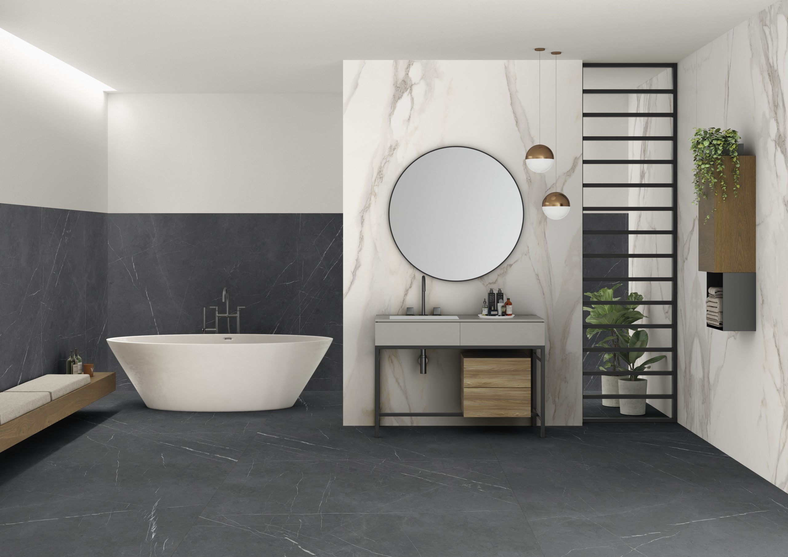 Gri mermer desenli Lapidura Pietra Grigia porselen ile tasarlanmış modern banyo zemin ve duvar kaplaması uygulaması.