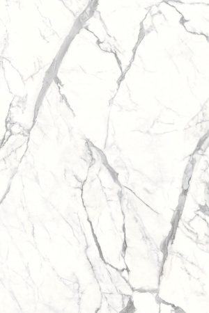Beyaz zemin üzerinde kalın ve ince gri damarları olan, mermer görünümlü Lapidura Statuario Leonardo porselen tezgah yüzeyi.