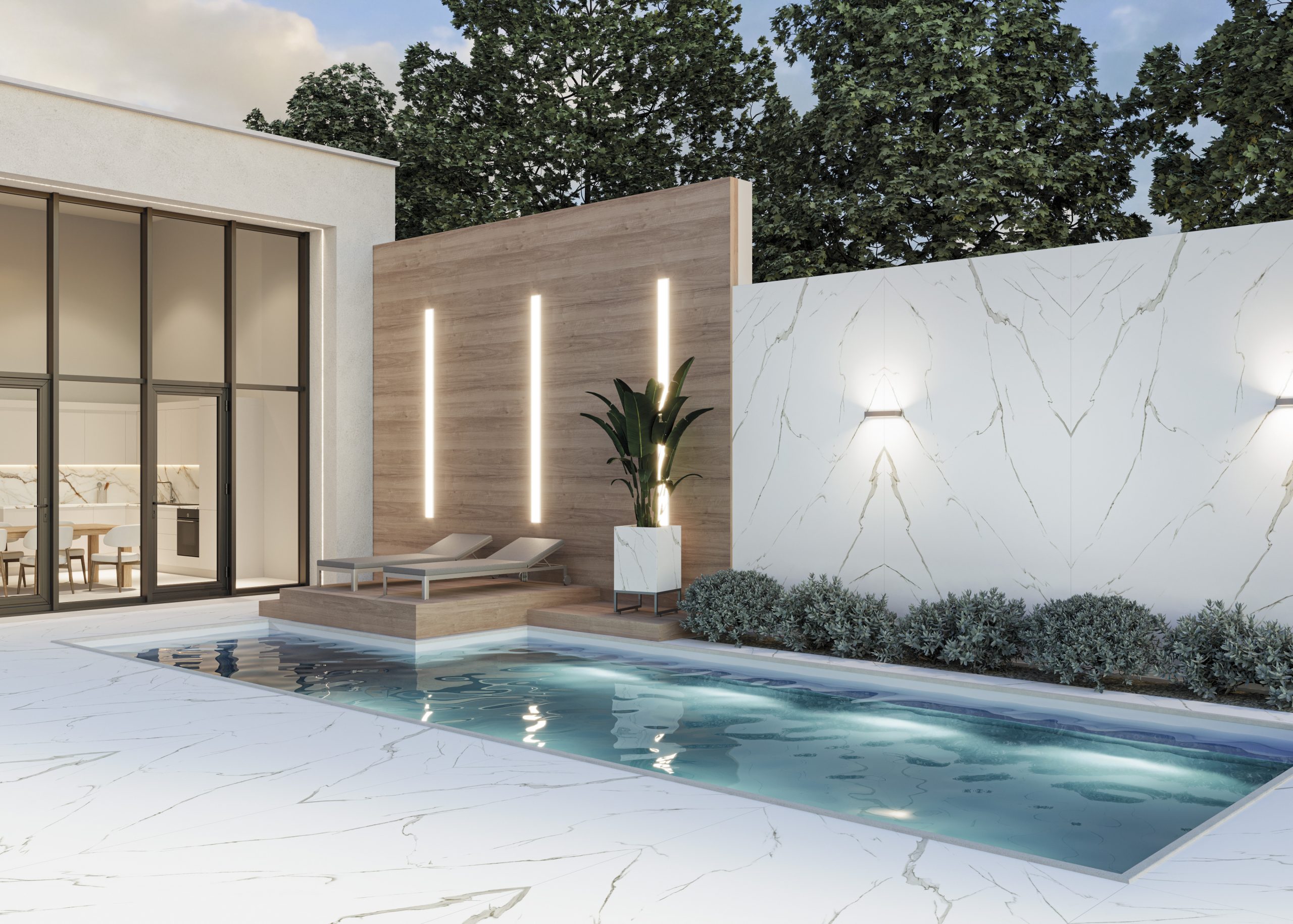 Havuz kenarı zemin ve duvarda kullanılan, beyaz üzerine gri damarlı Lapidura Structured Marble porselen plaka uygulaması.
