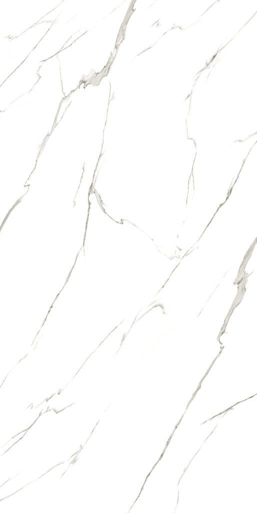Beyaz zemin üzerine gri damarlı, dokulu yüzeye sahip Lapidura Structured Marble mermer görünümlü porselen plaka.