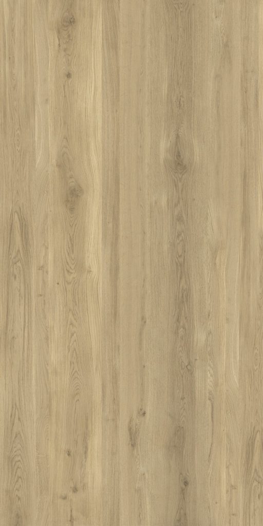 Açık kahverengi, doğal meşe ağacı dokusuna sahip Lapidura Wood Essence Oak porselen tezgah plakasının yakın plan görünümü.