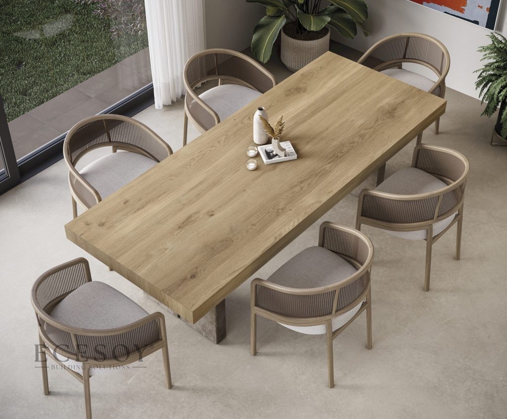 Doğal meşe ahşap görünümlü Lapidura Wood Essence Oak porselen masa tablası ve modern yemek odası takımı.