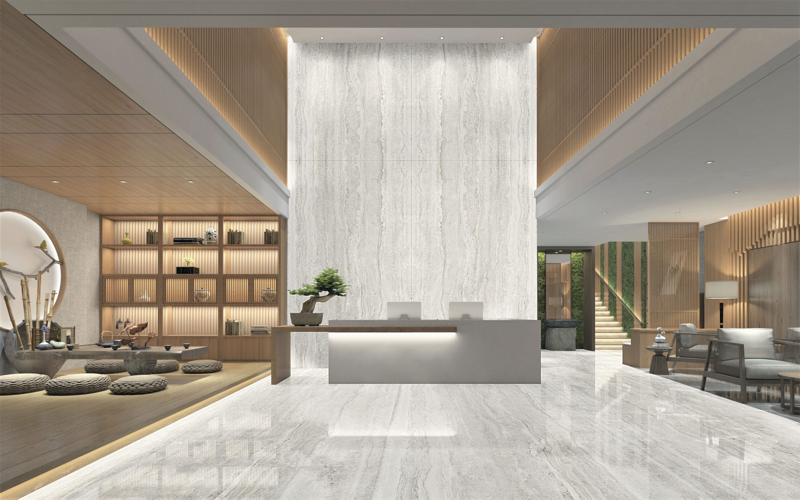 Traverten görünümlü Travertino White porselen ile kaplı modern lobi zemini ve resepsiyon arkası duvarı.