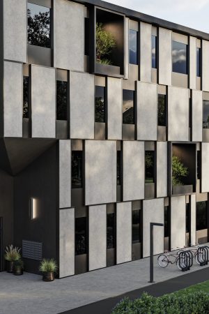 Modern binanın dış cephesinde kullanılan açık gri renkli, beton dokulu Lapidura Terranova porselen kaplama panelleri.