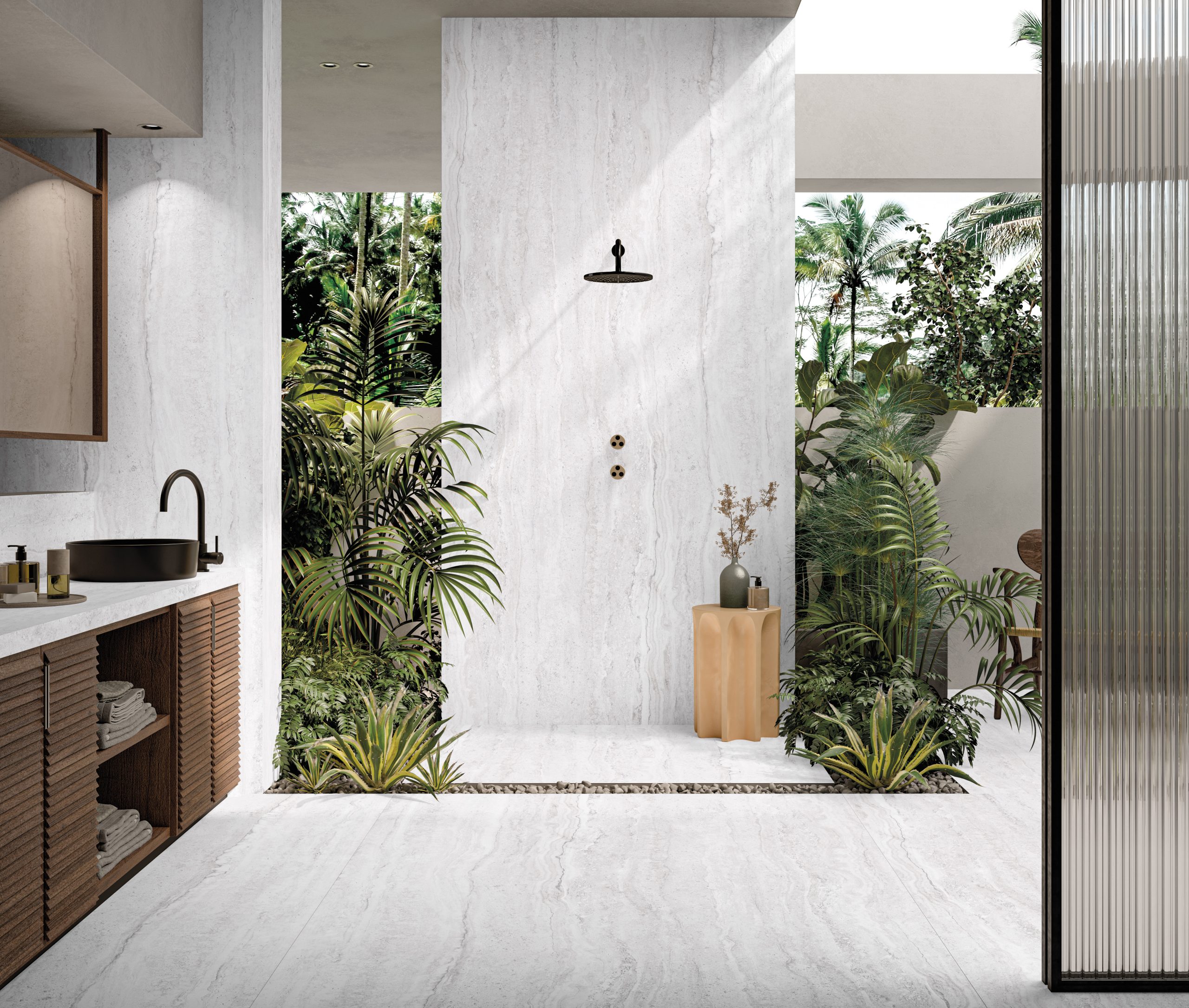 Traverten dokulu beyaz porselen zemin ve duvar kaplaması kullanılan, ahşap dolaplı ve bitkili modern banyo tasarımı.